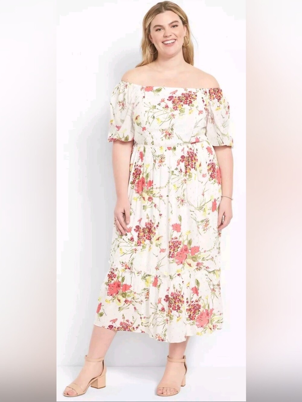 Lane Bryant Convertible Puff-Sleeve Tiered Midi Floral Dress White Gold Dot Sz24
